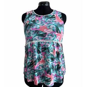 Papermoon Pink & Green Tropical Floral Leaf Sleeveless Top Women's Size M Medium
